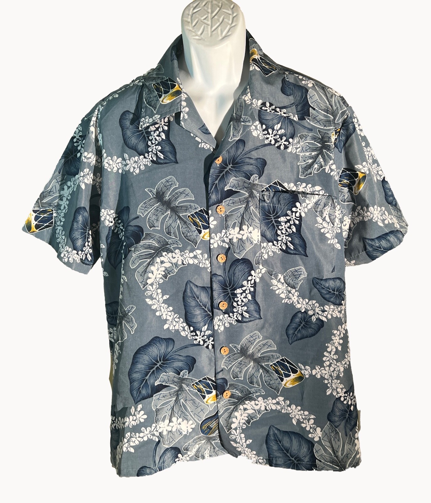 ROUNDY BAY Men&#39;s Short Sleeve Button Floral Shirt Gray Large - $11.87