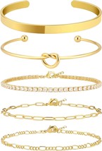 Gold Bracelet for Women Stack 14K Real Gold Plated Bangle Cuff Bracelet Set Gold - £29.54 GBP