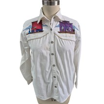 Vintage 80s 90s White Cotton Western Shirt - Cute Town Print - Womens M/L - $23.76