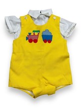 Vtg Sylvia Whyte Saks Fifth Avenue Yellow Train Baby Romper Bibs White Shirt M - £23.29 GBP