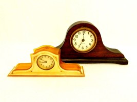 Lot of 2 Vintage Mini Mantel Clocks, 1-Wood &amp; 1 Celluloid, Parts or Repair Only - £23.83 GBP