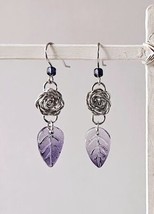 Handcrafted Silver Wire Rose Purple Leaf Boho Dangle Earrings - £8.72 GBP