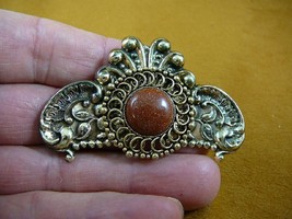 (BB310-4) Orange Goldstone stone circle scrolled flower brass brooch pin... - $23.36