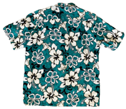RJC Hawaiian Shirt-Sea Green-Floral-Wood Buttons-Pocket-L-Made in Hawaii-Vtg - £33.55 GBP
