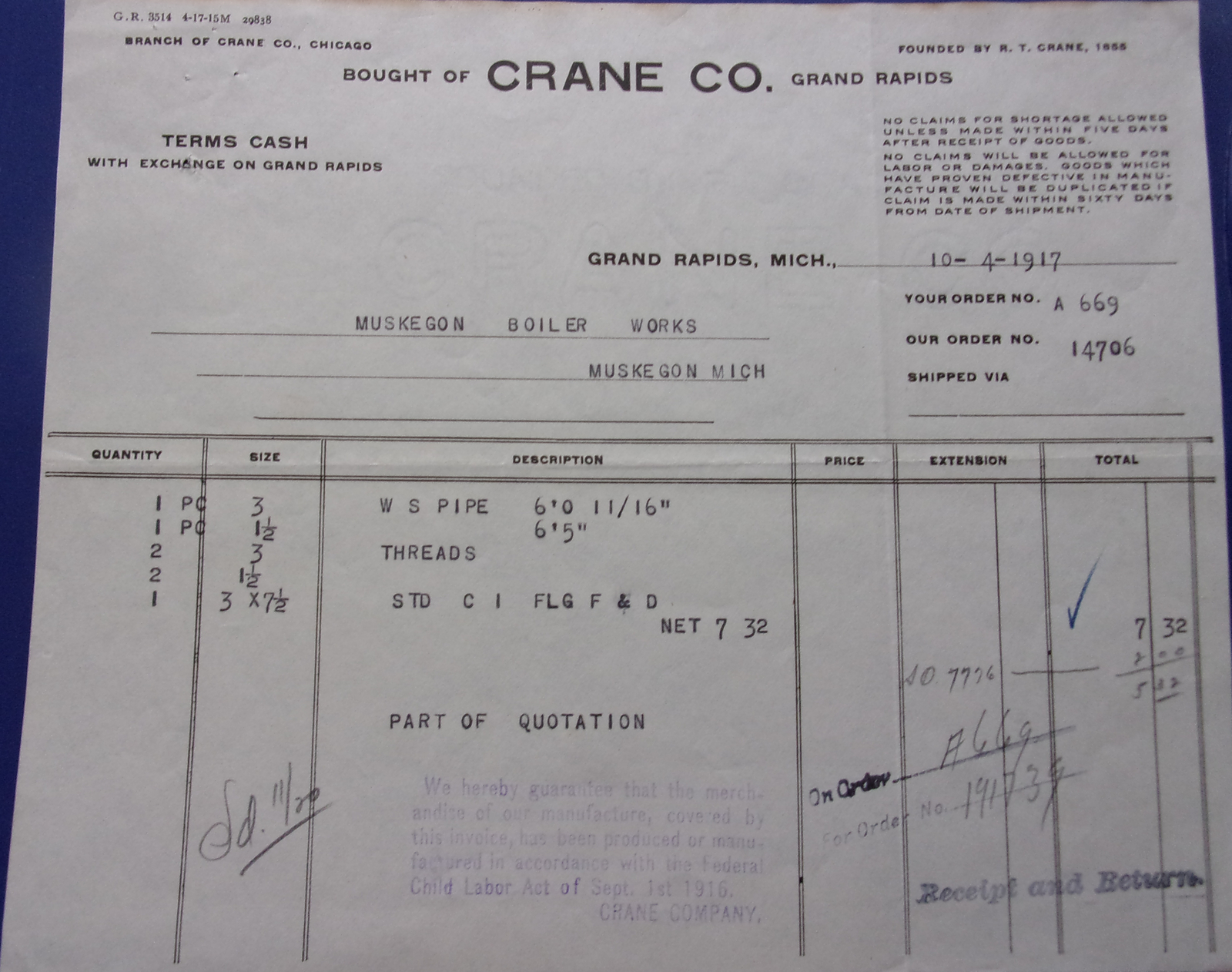 Vintage Crane Co Grand Rapids MI Receipt 1917 - $2.99