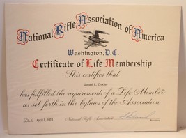 Vintage NRA Certificate National Rifle Association Of America 1974  - £10.04 GBP