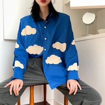 Oversized Blue Sky White Clouds embroidery loose shirt Women&#39;s blouses 2021 Spri - £46.73 GBP