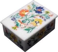4&quot;x3&quot;x2&quot; Marble White Jewelry Vintage Box Semi Precious Floral Inlay Arts Decor - £201.79 GBP