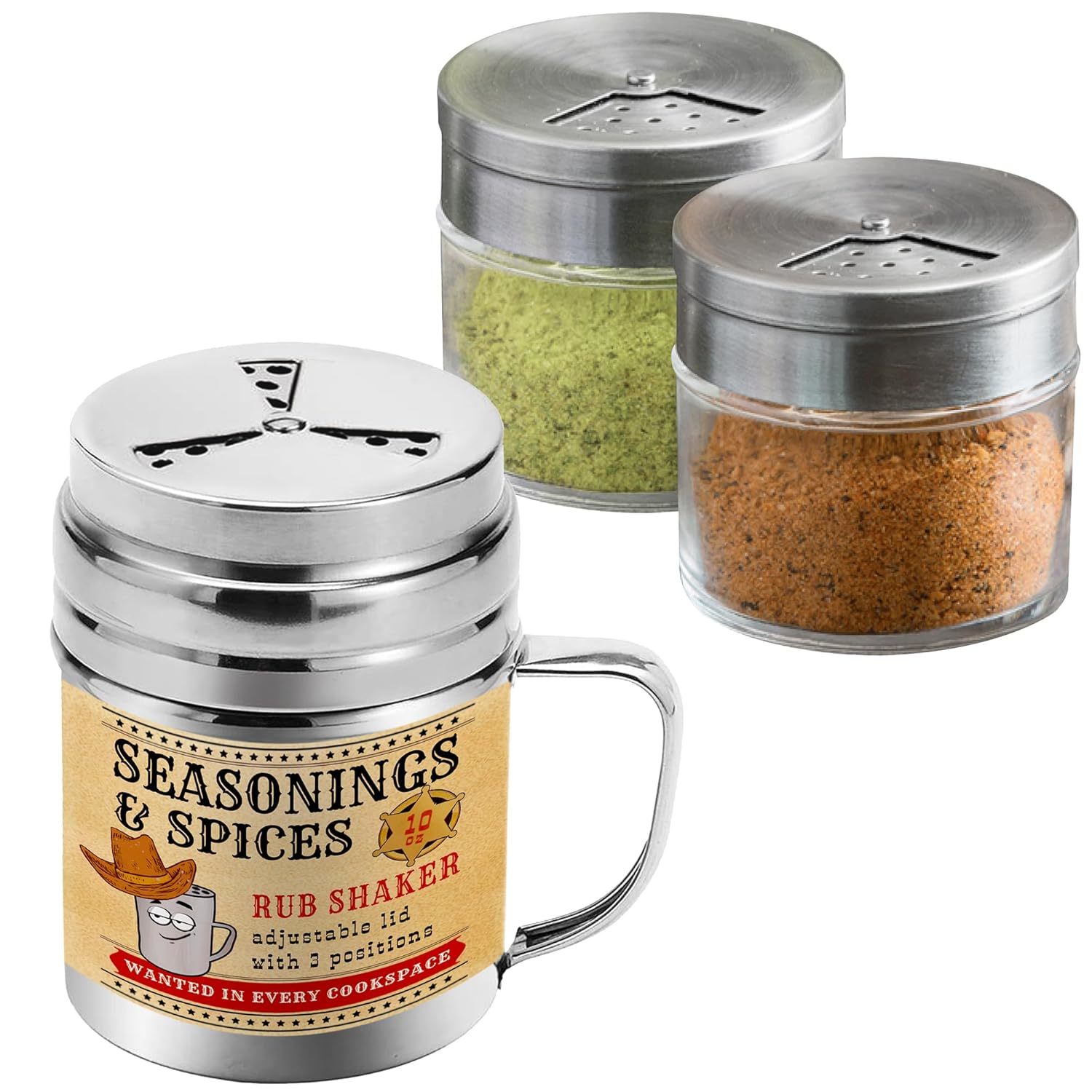 [1-Pcs] 10 Oz Metal Bbq Dry Rub Shaker With Adjustable Fan-Style Lid And Handle