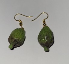 Artichoke Earrings Gold Tone Wire Clay Vegetable Green  - £6.78 GBP
