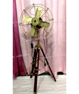 Antique Brass Pedestal Floor Fan Vintage Style With Wooden Tripod Stand ... - £161.06 GBP