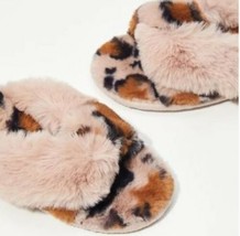 LOFT ~ Open Toe ~ Crossover ~ Slippers ~ Small ~ Mauve w/Animal Print ~ Faux Fur - £18.31 GBP