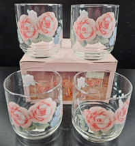 4 Pfaltzgraff Secret Rose Rocks Juice Glasses Box Set Vintage Floral Tumbler Lot - £30.75 GBP