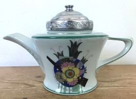 Vtg Farberware Fraunfelter 30s Art Deco Porcelain Floral Ceramic Chrome Tea Pot - £127.88 GBP