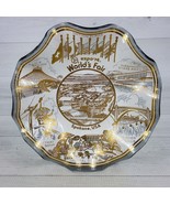 World&#39;s Fair Spokane 1974 Ruffle Glass Trinket Candy Dish 7&quot; w Gold &amp; White - £11.22 GBP