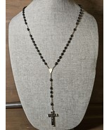 26&quot; Rosary Necklace in Balck and Silver Tone Crucifx - $12.82