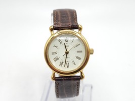 VTG Guess 1987 White Dial Round Gold Tone Case Brown Leather Band Watch New Batt - £25.52 GBP
