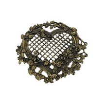 1987 Metzke Candle Cover Heart Mesh Ornate Plaque w Roses Gold Metal USA 5&quot;  - $9.90