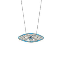14K Solid White Gold CZ Nano Turquoise Evil Eye Necklace - 16&quot;-18&quot; adjustable - £341.31 GBP