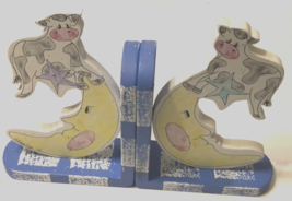$25 Karen Diane Vintage 90s Cow Over Moon Yellow Blue Books Wooden Bookends - $24.72