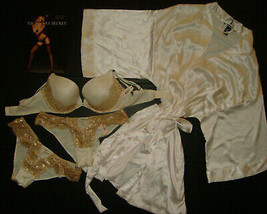 Victoria&#39;s Secret 34D Bh Set + Kimono Robe + Oberschenkelhoch Weiß Ivory Gold - £124.62 GBP