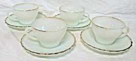 8 Anchor Hocking Fire King White Swirl Milk Glass Gold Trim 4 Cups &amp; Sau... - $35.99