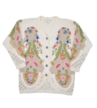 Vintage Floral Sweater Womens M Embroidered Cardigan Ramie Chunky Knit Boho - $28.88