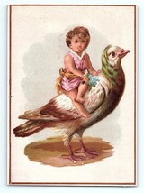 Victorian Trade Card 1900&#39;s Child With Blue Flowers Riding a Dove Green ... - £13.98 GBP