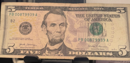 2017 a $5.00  Dollar Bill  PB 00879939 A Low Serial Number - $18.81