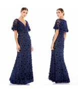 MacDuggal 67712 Midnight Floral Appliqué VNeck Flutter Sleeve Lace Gown ... - $327.25