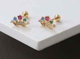 10ct Solid Gold Rainbow Crown Stud Earrings, 9k, 10k, gift, unisex, colours - £117.12 GBP