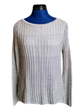 WHBM Silver Metallic/White Chiffon Long Sleeve Split Back Sweater ~XS~ - £8.18 GBP