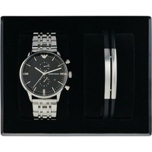 NWT Emporio Armani Men&#39;s Watch Chrono AR80009 &amp; Wristlet Gift Set Black/Silver - £200.70 GBP