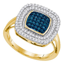 10k Yellow Gold Round Blue Color Enhanced Diamond Square Frame Cluster Ring 1/2 - £402.13 GBP