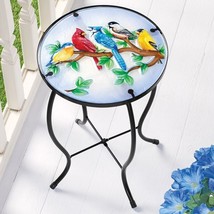 Glass Top Accent Table Songbirds Outdoor Patio Porch Deck Plant Stand Furniture - £27.31 GBP