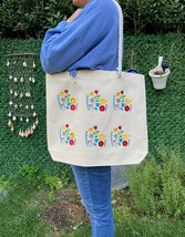 Canvas Tote Bag Pocket, Birds Flowers Embroidered Bag Natural Color, 100% Cotton - £11.59 GBP