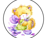 CUTE TEDDY BEAR AND PURPLE FLOWERS ENVELOPE SEALS STICKERS LABELS TAG 1.... - $7.49