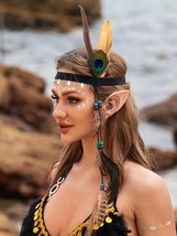 Bohemian Peacock Feather Headband Feather Gypsy Festival Headpiece Shells Indian - £19.48 GBP