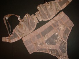 Victoria&#39;s Secret unlined 32C BRA SET+garter CORSET bustier+SLIP BROWN gold foil - £140.01 GBP