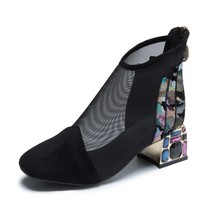 summer fashion Shoes Women Ankle Boots Rhinestone Thick Heel Mesh short Boot squ - £31.63 GBP