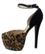 Faux Suede Leopard Cheetah Ankle Strap Platform Closed Toe Pumps Heels S... - £14.49 GBP