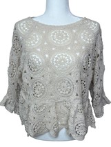 Cream Crochet Peplum Sweater Top Feminine Romantic XL-L See Through Cott... - $24.63