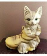 Ceramic Cat &amp; Kitten In Boot Figurine Vintage - $14.85