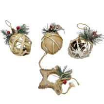 Vintage Lot of 4 Rustic Burlap Holly and Berries Christmas Ornaments 4.25&quot; - £11.12 GBP