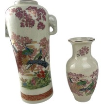 Two Crackled Vintage Vases Made in Japan Satsuma Peacock Design Gold Mid Century - £18.79 GBP