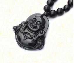Natural Black Bian Stone Carved Lucky Laughing Buddha Pendant Beads Necklace Mas - £14.12 GBP