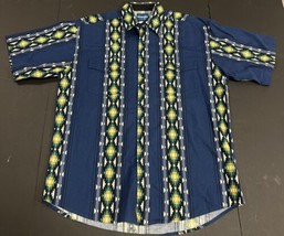 Wrangler Western Cowboy Aztec Geometric Pattern Button Large Cotton Shirt Blue - £44.01 GBP