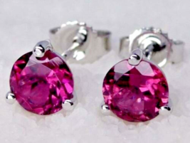 Gift 2CT Round Cut Lab-Created Pink Tourmaline Stud Earrings in Real 925 Silver - £23.84 GBP