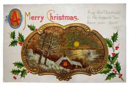 Christmas Postcard Country Cottage Moon Embossed Mica Glitter 1913 JJ Marks - £23.08 GBP