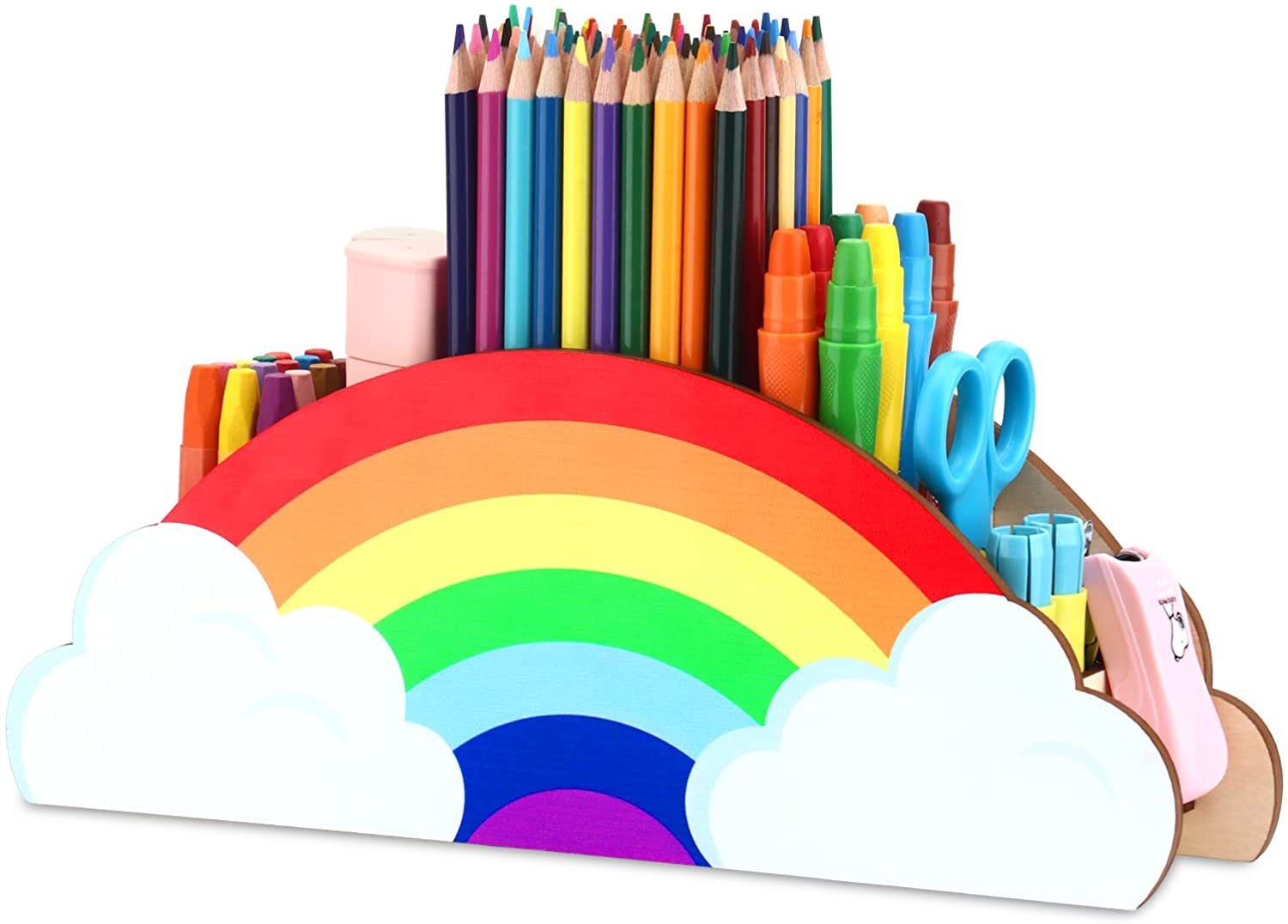 Koyiltd Rainbow Wooden Pen Holder, Desk Organizer With Diy Pencil Holders - $26.93